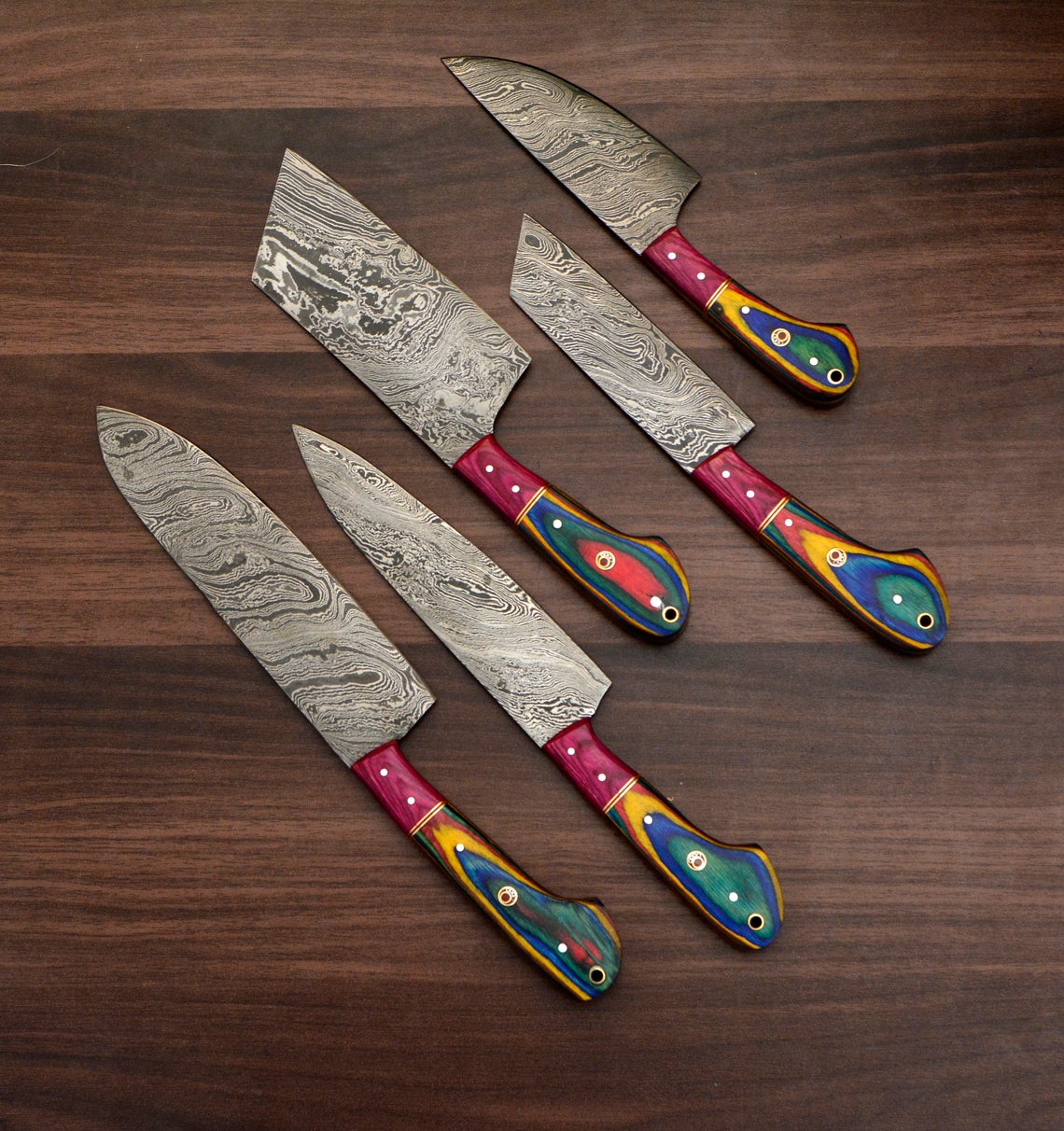 HS-169 Custom Handmade Damascus Five Pecs Kitchen/Chef Knives Set- 2 Hard Wood Handle
