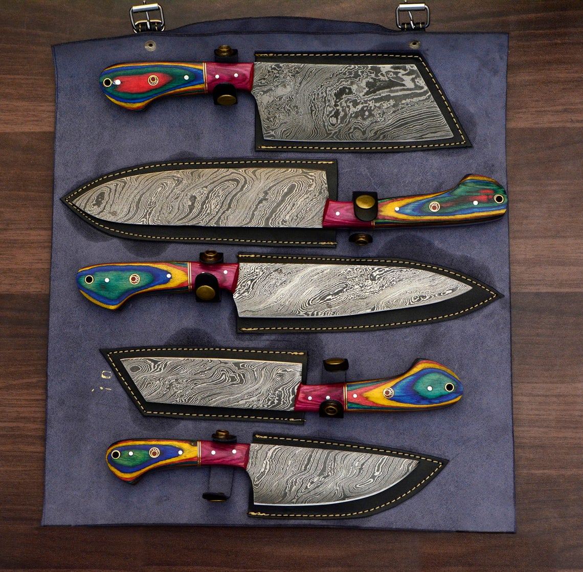 HS-169 Custom Handmade Damascus Five Pecs Kitchen/Chef Knives Set- 2 Hard Wood Handle