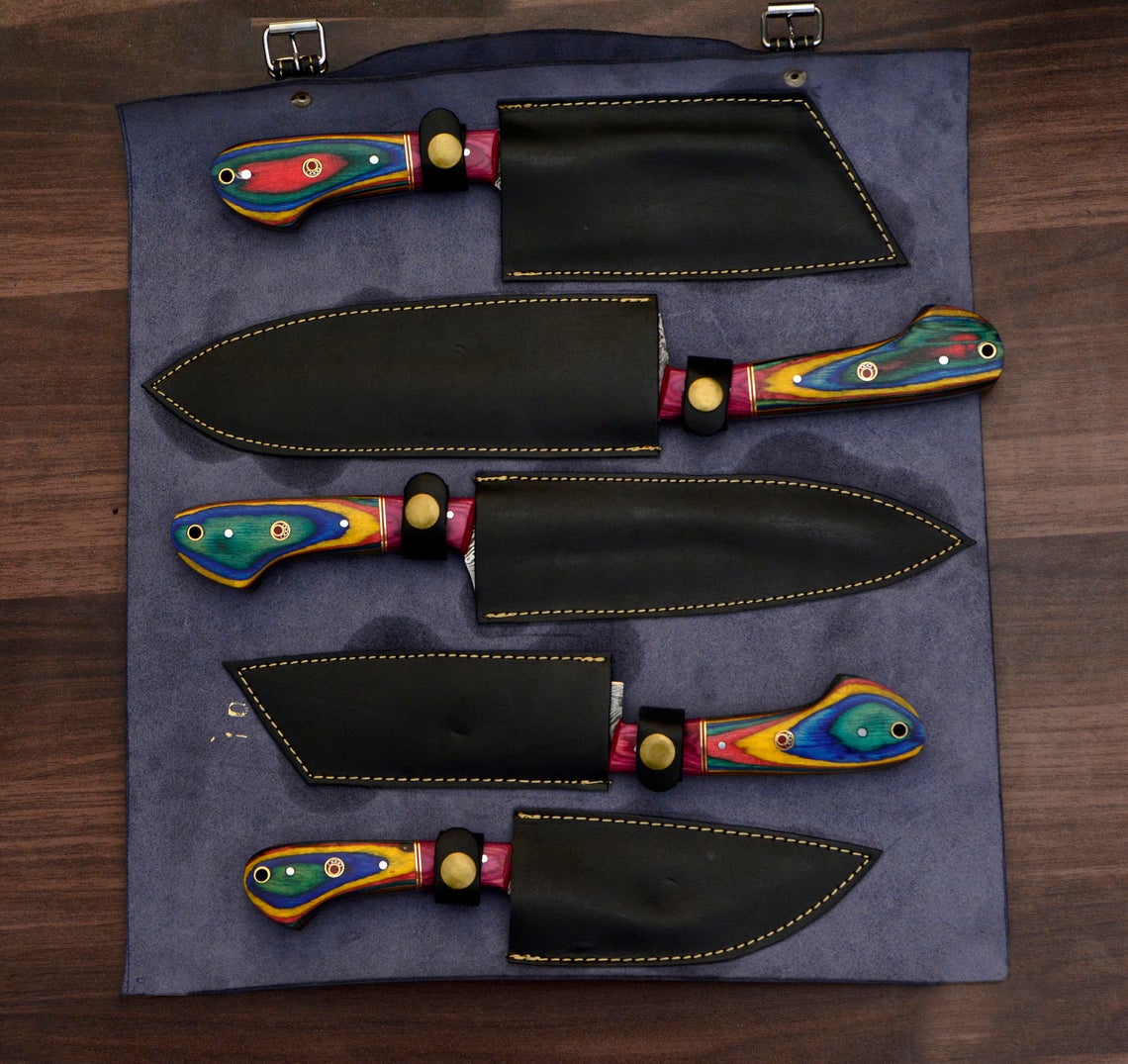 HS-169 Custom Handmade Damascus Five Pecs Kitchen/Chef Knives Set- 2 Hard Wood Handle