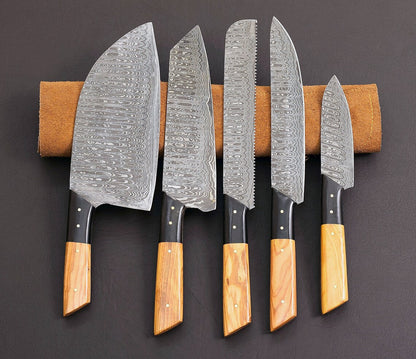 Damascus Chef Knife Set – Koa Wood & Buffalo Horn | Leather Roll | HS-122