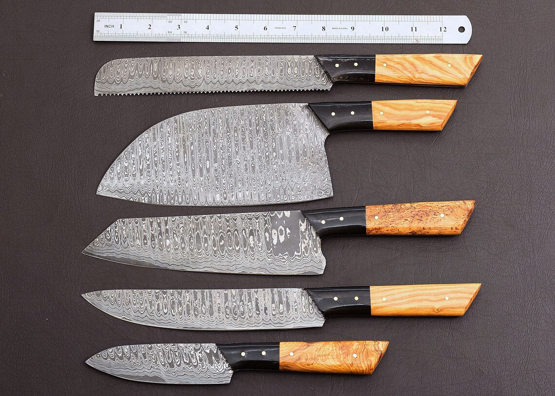 Damascus Chef Knife Set – Koa Wood & Buffalo Horn | Leather Roll | HS-122