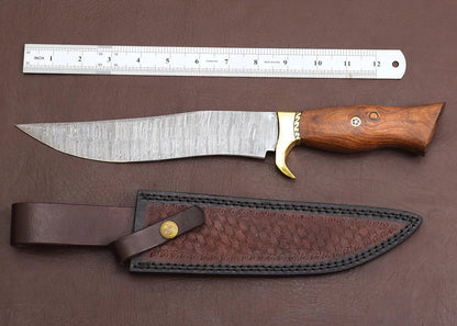 HS-353 Handmade Damascus Hunting Bowie Knife with Leather Sheath – Outdoor Camping Knife