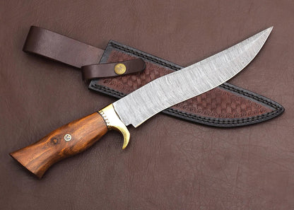 HS-353 Handmade Damascus Hunting Bowie Knife with Leather Sheath – Outdoor Camping Knife