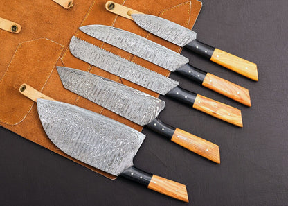 Damascus Chef Knife Set – Koa Wood & Buffalo Horn | Leather Roll | HS-122