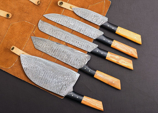 HS-122 '' Customized Handmade Damascus Chef Set, Kitchen Knives with Brown Leather Roll, Wedding Gift, Anniversary Gift