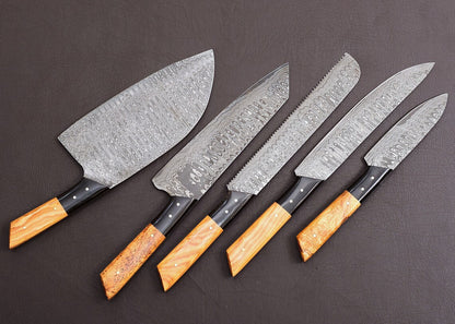 Damascus Chef Knife Set – Koa Wood & Buffalo Horn | Leather Roll | HS-122