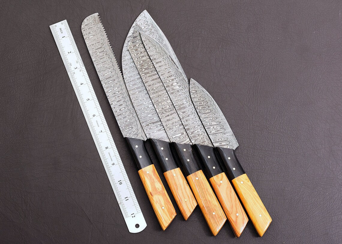 Damascus Chef Knife Set – Koa Wood & Buffalo Horn | Leather Roll | HS-122