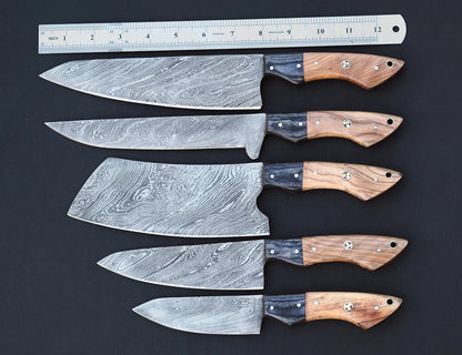 Damascus Chef Knife Set – 5 Pieces | Rosewood | HS-123