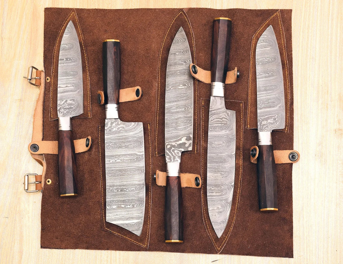 Damascus Chef Knife Set – 5 Pieces | Ash Wood | Leather Cover | HS-124