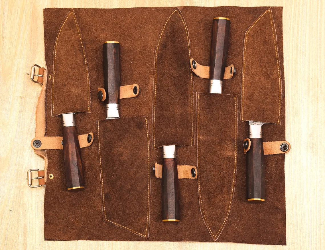 Damascus Chef Knife Set – 5 Pieces | Ash Wood | Leather Cover | HS-124