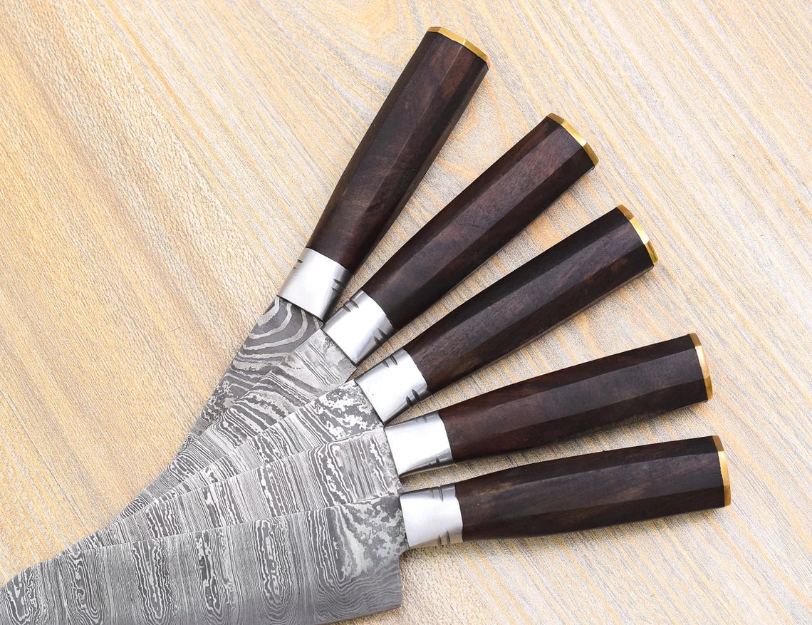 Damascus Chef Knife Set – 5 Pieces | Ash Wood | Leather Cover | HS-124