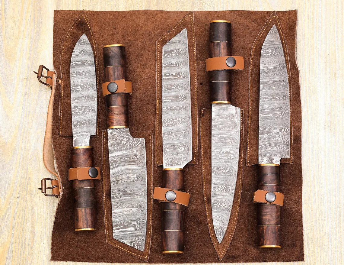 Damascus Chef Knife Set – 5 Pieces | Ash Wood Handle | HS-126