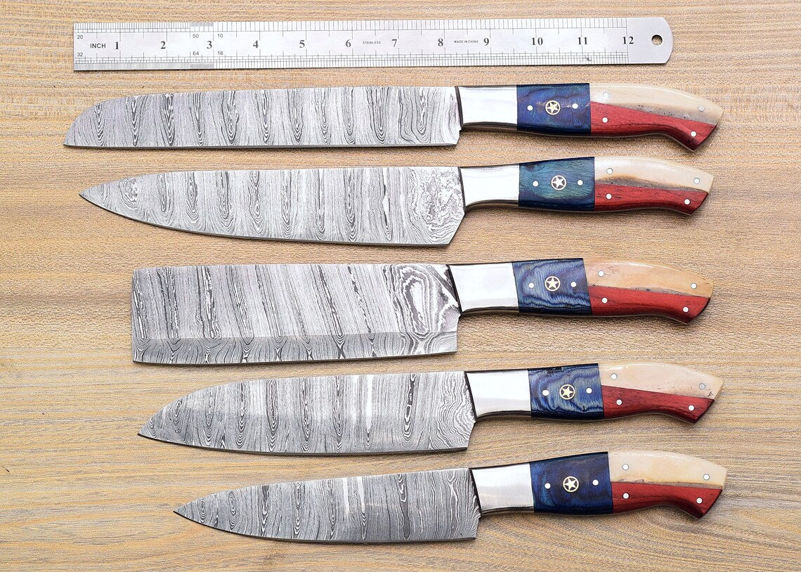 Damascus Chef Knife Set – Texas Flag Handle | 5 Pieces | HS-121