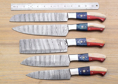 Damascus Chef Knife Set – Texas Flag Handle | 5 Pieces | HS-121