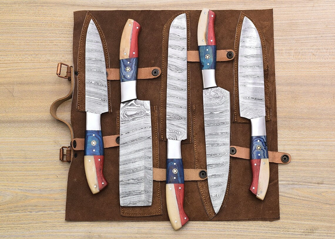 Damascus Chef Knife Set – Texas Flag Handle | 5 Pieces | HS-121