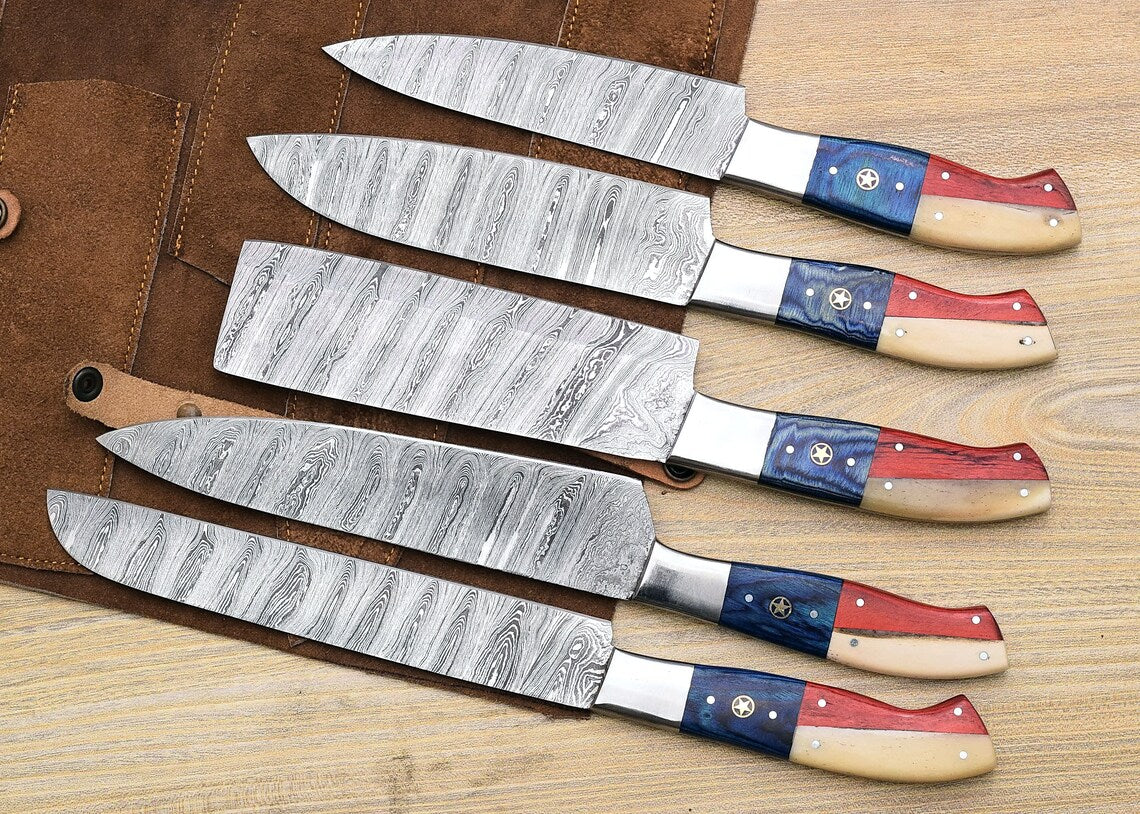 Damascus Chef Knife Set – Texas Flag Handle | 5 Pieces | HS-121