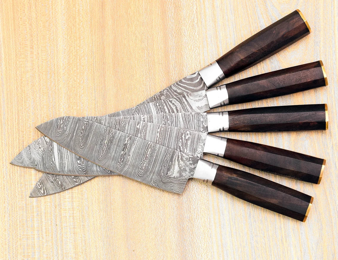 Damascus Chef Knife Set – 5 Pieces | Ash Wood | Leather Cover | HS-124