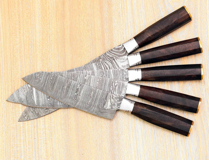 Damascus Chef Knife Set – 5 Pieces | Ash Wood | Leather Cover | HS-124