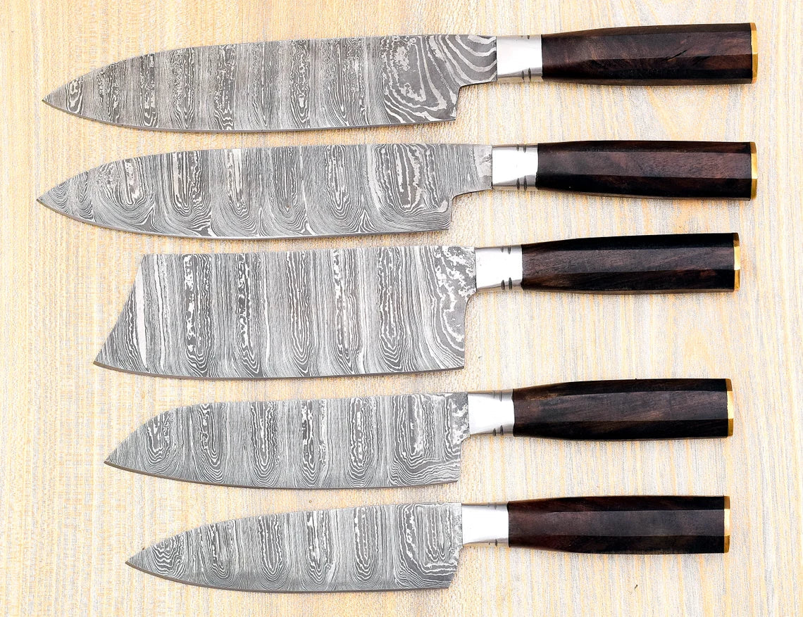 Damascus Chef Knife Set – 5 Pieces | Ash Wood | Leather Cover | HS-124