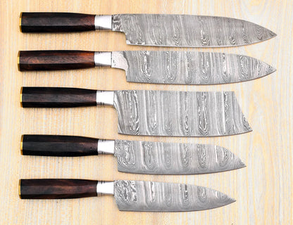 Damascus Chef Knife Set – 5 Pieces | Ash Wood | Leather Cover | HS-124