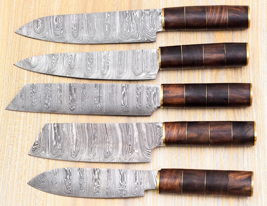 Damascus Chef Knife Set – 5 Pieces | Ash Wood Handle | HS-126