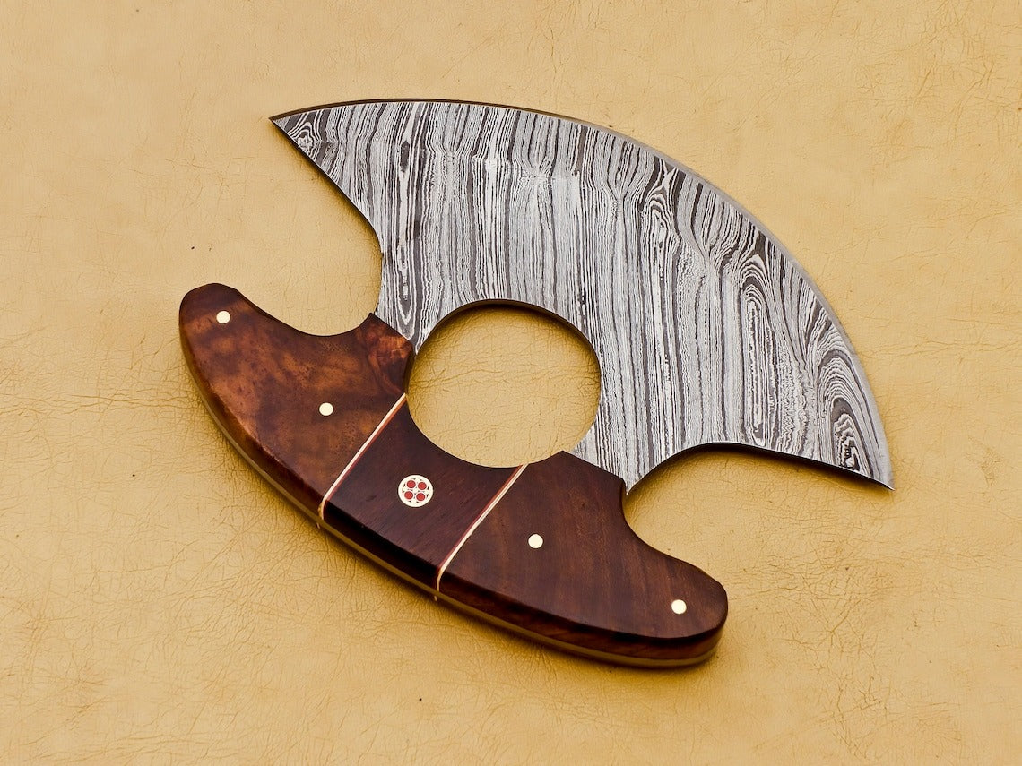 HS-1039 Handmade Damascus Chef Kitchen Ulu Knife Chef Knife Heavy Duty Damascus Handle Walnut Wood with Leather Sheath