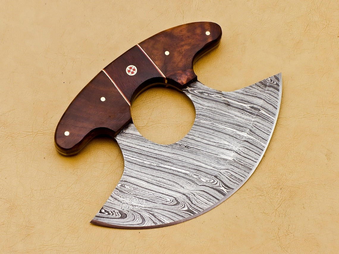 HS-1039 Handmade Damascus Chef Kitchen Ulu Knife Chef Knife Heavy Duty Damascus Handle Walnut Wood with Leather Sheath