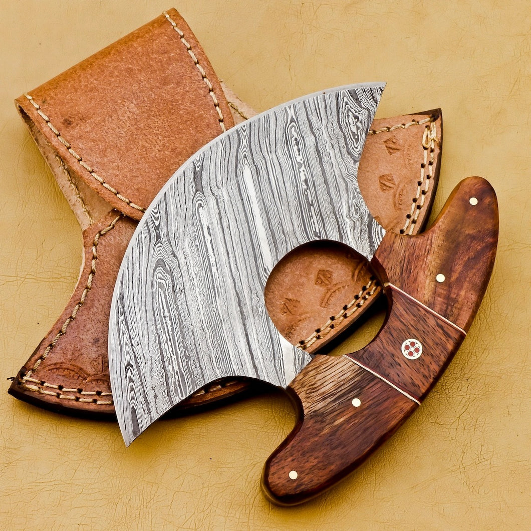 HS-1039 Handmade Damascus Chef Kitchen Ulu Knife Chef Knife Heavy Duty Damascus Handle Walnut Wood with Leather Sheath