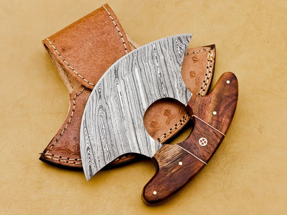 HS-1039 Handmade Damascus Chef Kitchen Ulu Knife Chef Knife Heavy Duty Damascus Handle Walnut Wood with Leather Sheath