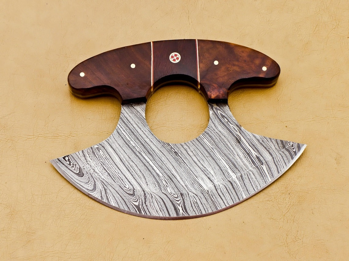 HS-1039 Handmade Damascus Chef Kitchen Ulu Knife Chef Knife Heavy Duty Damascus Handle Walnut Wood with Leather Sheath