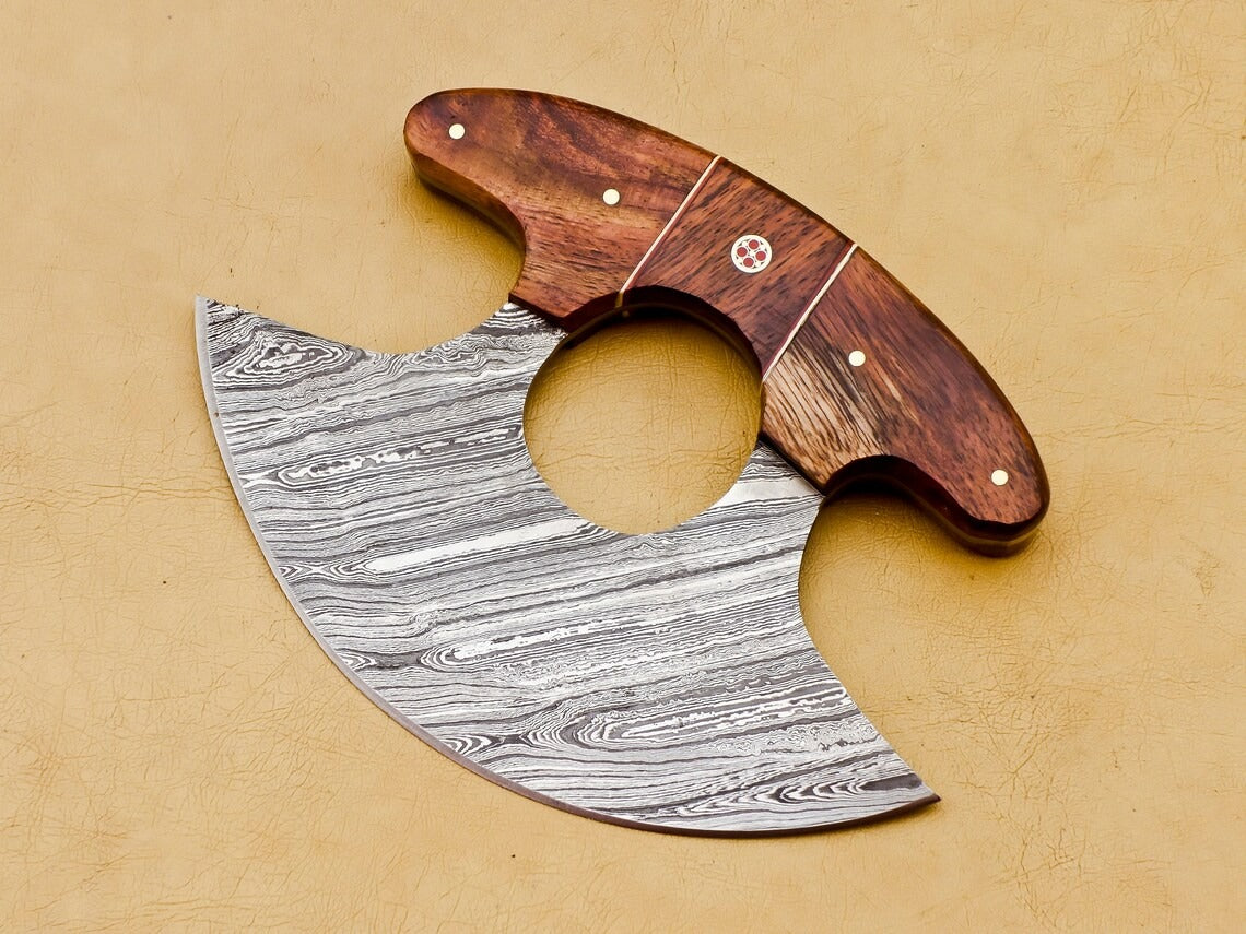 HS-1039 Handmade Damascus Chef Kitchen Ulu Knife Chef Knife Heavy Duty Damascus Handle Walnut Wood with Leather Sheath