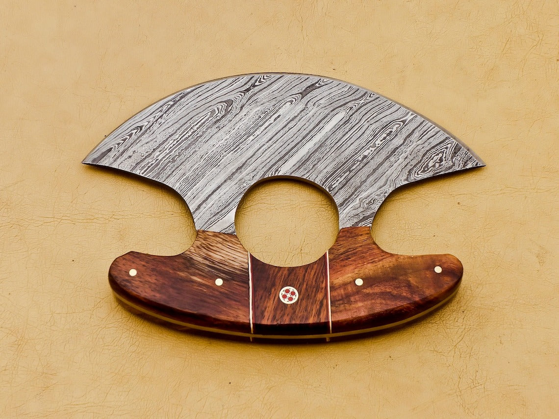 HS-1039 Handmade Damascus Chef Kitchen Ulu Knife Chef Knife Heavy Duty Damascus Handle Walnut Wood with Leather Sheath