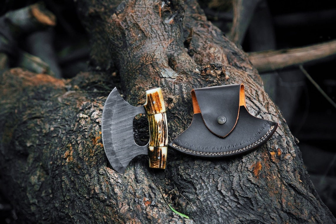 Damascus Ulu Knife – Antler & Padauk Wood Handle | Wedding Gift | HS-1032