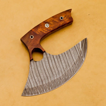 HS-1033 Handmade Damascus Chef Kitchen Ulu Knife Chef Knife Heavy Duty Damascus Handle Koa Wood with Leather Sheath GIFT IDEA