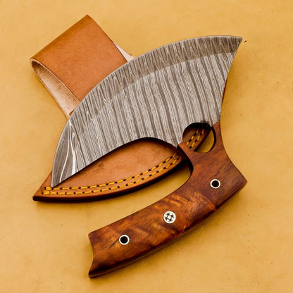 HS-1033 Handmade Damascus Chef Kitchen Ulu Knife Chef Knife Heavy Duty Damascus Handle Koa Wood with Leather Sheath GIFT IDEA