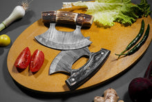 Load image into Gallery viewer, HS-1032 Handmade Damascus ULU Fishing Knife as Chef Knife for Chopping with Antler and Padauk Wood 100% Damascus ULU Knife for Wedding Gifts for Her
