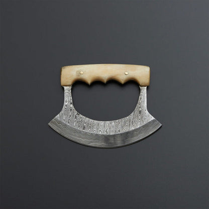 Damascus Ulu Knife – Cow Bone Handle | Handmade Gift | HS-1035