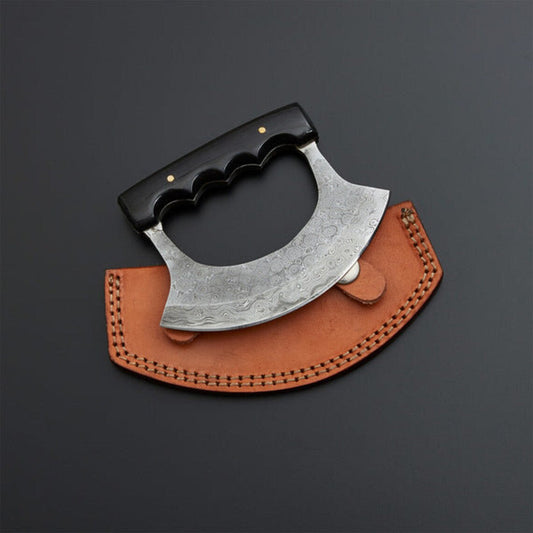 HS-1036 Damascus Steel Ulu Knife Handle Buffalo Horn,Custom handmade ulu knife gift for chef,Personalised gift for her/him, pizza cutter/meat cutter