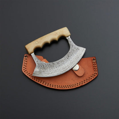 Damascus Ulu Knife – Cow Bone Handle | Handmade Gift | HS-1035