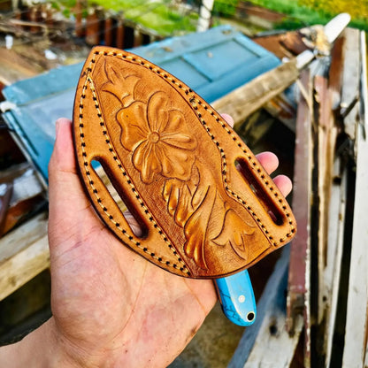 Damascus Cowboy Hunting Knife | Marble, turquoise-style Handle | Pancake Sheath