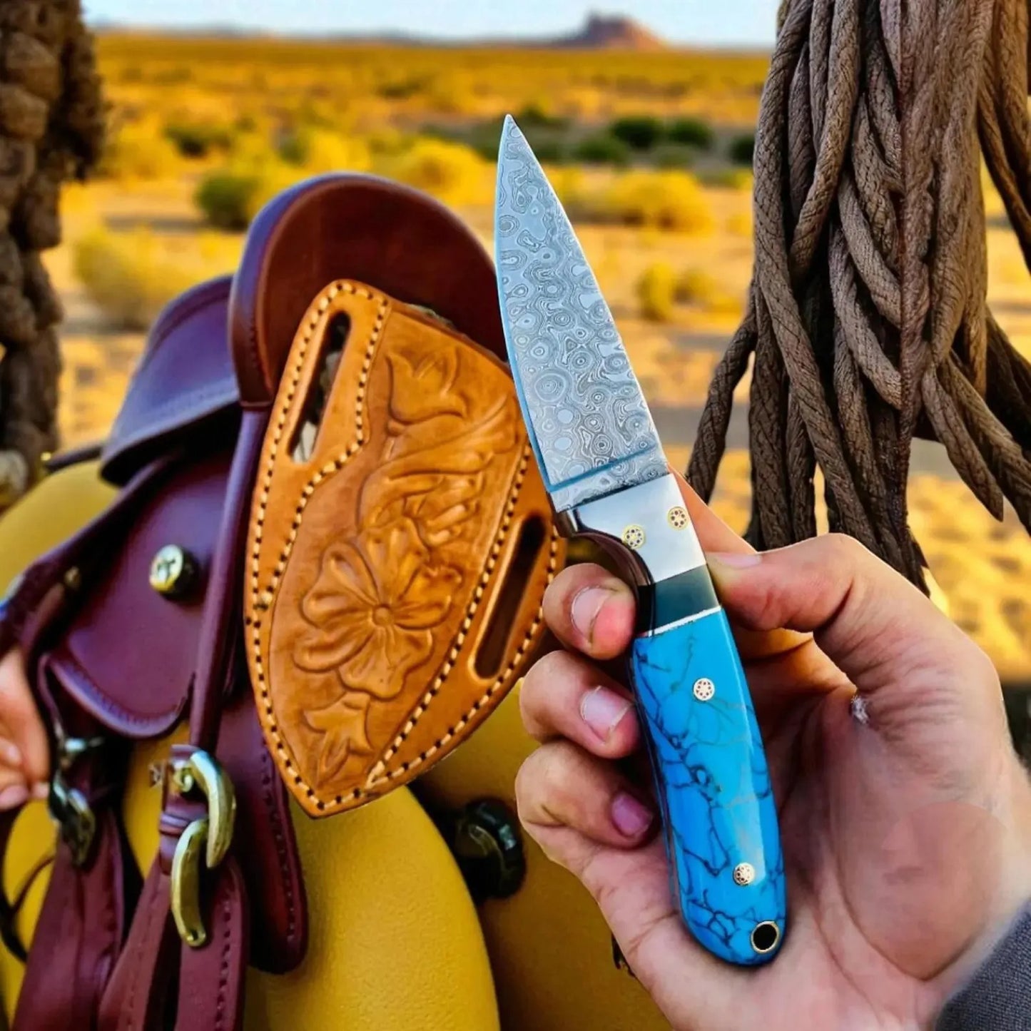 Damascus Cowboy Hunting Knife | Marble, turquoise-style Handle | Pancake Sheath