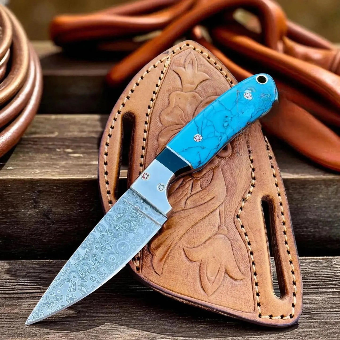 Damascus Cowboy Hunting Knife | Marble, turquoise-style Handle | Pancake Sheath