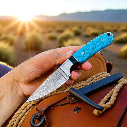 Damascus Cowboy Hunting Knife | Marble, turquoise-style Handle | Pancake Sheath
