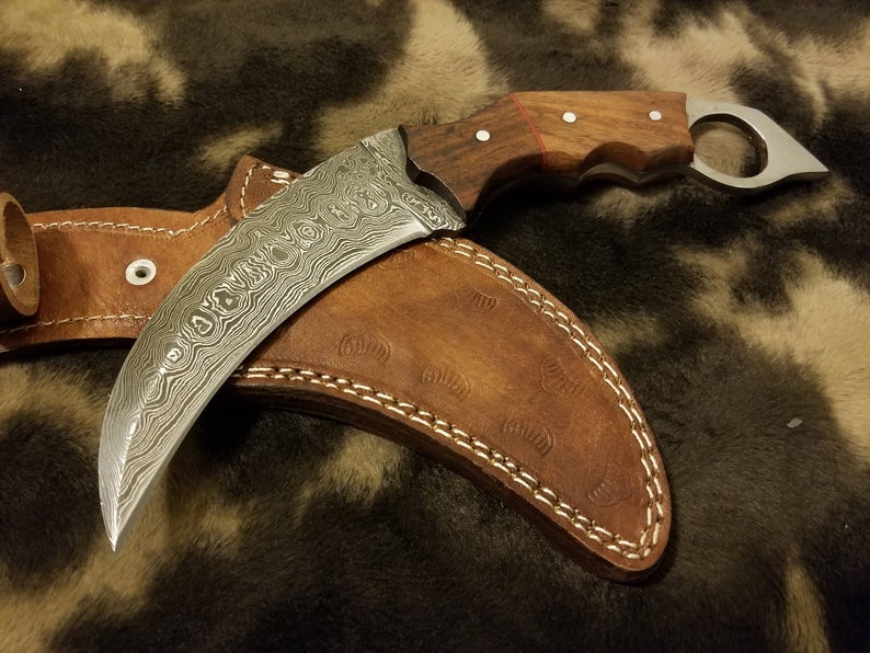 HS-845 Custom Handmade Damascus Karambit Knife Life Save Tool With Walnut Wood Handle
