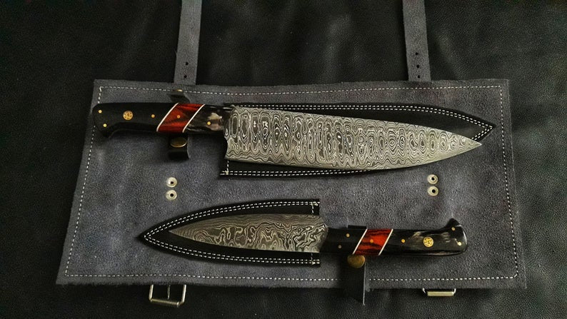 HS-216 Custom Handmade Damascus Kitchen-Chef Knives Set Lot Of Two Pecs With Wood Handle