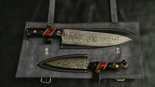 HS-216 Custom Handmade Damascus Kitchen-Chef Knives Set Lot Of Two Pecs With Wood Handle