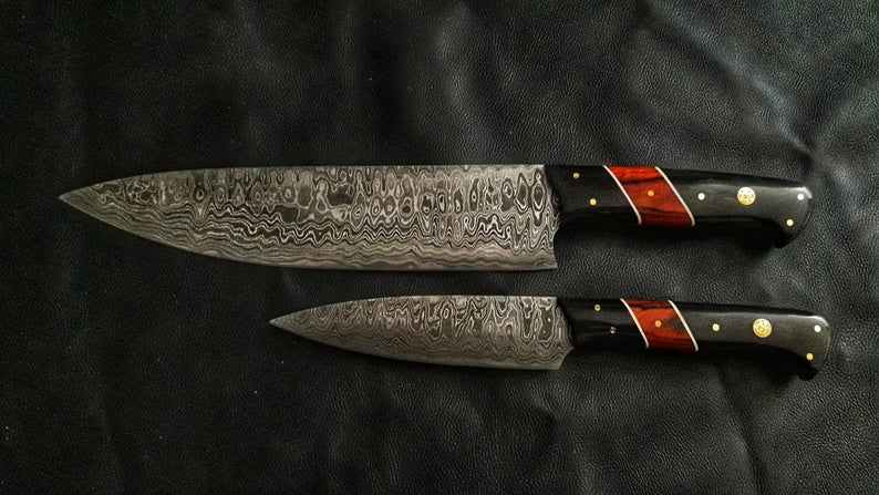 HS-216 Custom Handmade Damascus Kitchen-Chef Knives Set Lot Of Two Pecs With Wood Handle