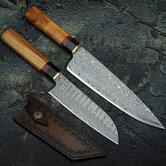 HS-233 Custom Handmade Damascus Japanese Santoku Kitchen Knives Home Cooking Tools Lot Of Two Pecs With Wood Handle