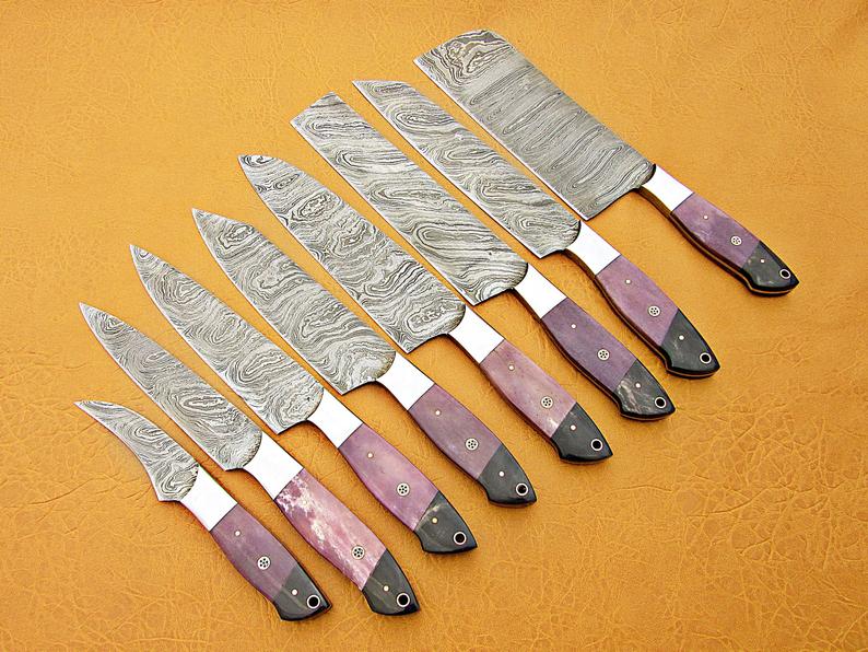 HS-214  Custom Handmade Damascus Kitchen-Chef Knives Set Lot Of 8 Pecs With Bone Handle