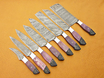 HS-214  Custom Handmade Damascus Kitchen-Chef Knives Set Lot Of 8 Pecs With Bone Handle